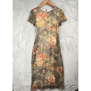 Christy Lyn Floral Sheer Dress Womens 10 Earth Tones Romantic Watercolor VTG 90s